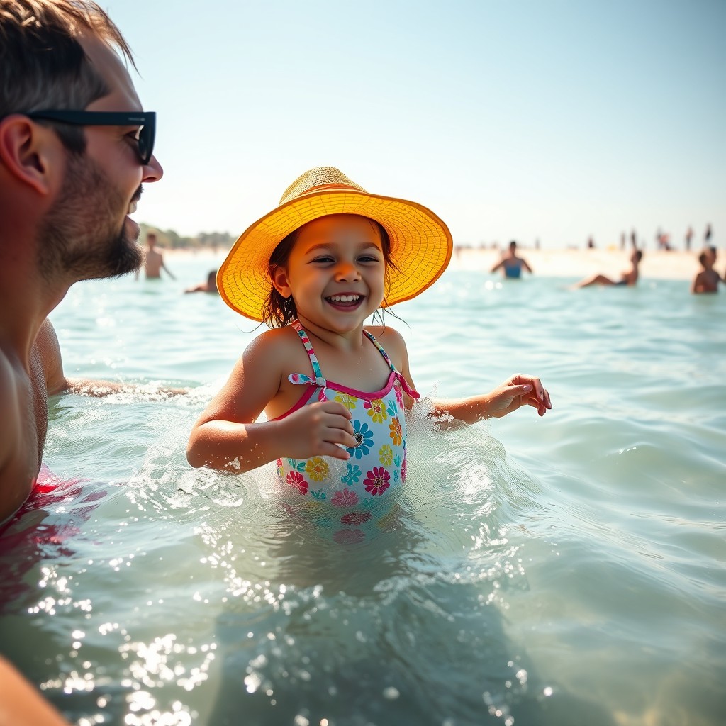 A heartwarming scene at a sunny beach where a young girl named Laleh is happily swimming in the ocean with her father