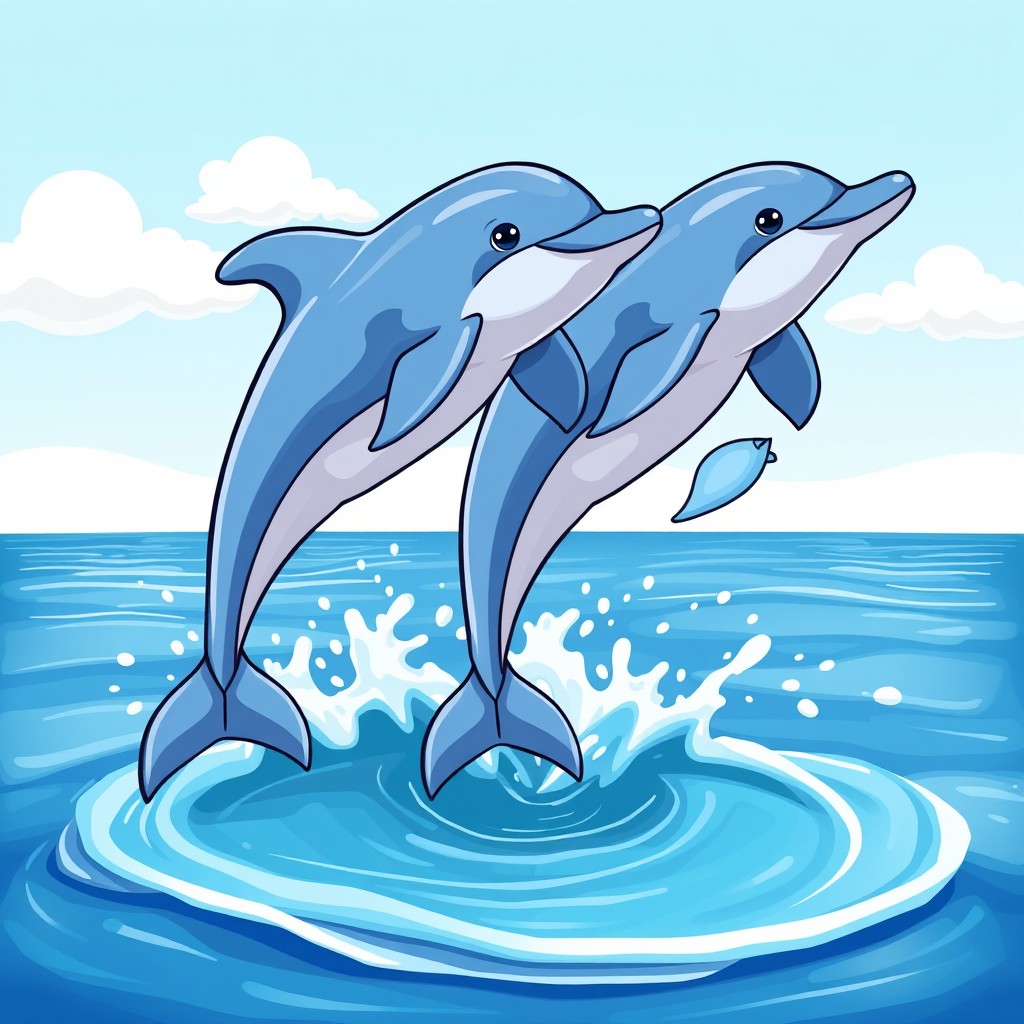A colorful clipart illustration of playful dolphins jumping out of the ocean, with their tails splashing on the water's surface