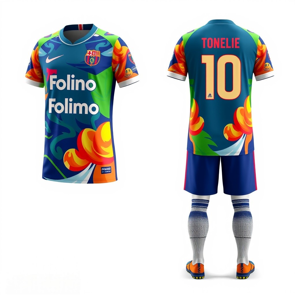A football jersey featuring the logo of the sponsor 'Folimo' and a collaboration design with 'Nike'