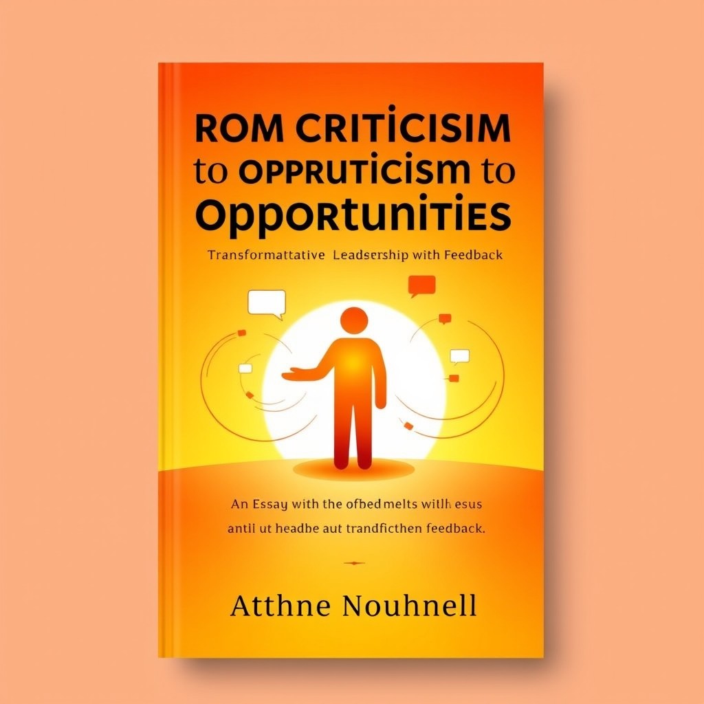 An inspiring book cover design for an essay titled 'From Criticism to Opportunities: Transformational Leadership with Feedback