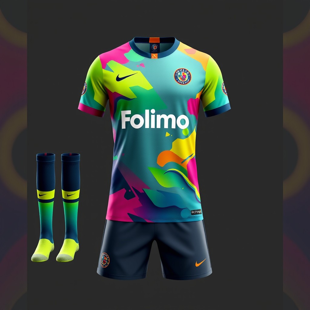 A modern football kit design featuring vibrant colors, representing a collaboration between Nike and the sponsor Folimo