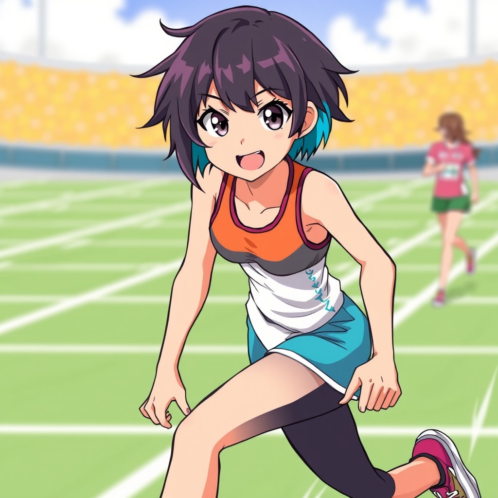 A dynamic illustration of a sporty anime girl, showcasing her athleticism and energy