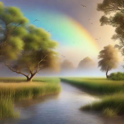 An ethereal afternoon landscape with tall, high green grass, a blue river with seven dramatic, lofty waves flowing from left to right, under a rainbow in a cloudless brown sky, surrounded by numerous flying trees with wings.