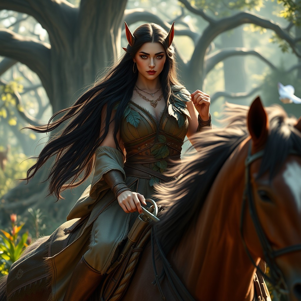 A strong female wood elf horsewoman with long, dark hair and striking features