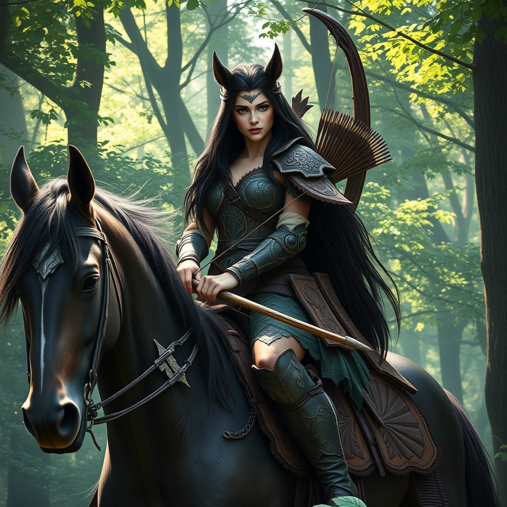 A strong female wood elf horse archer with long, dark hair and striking features