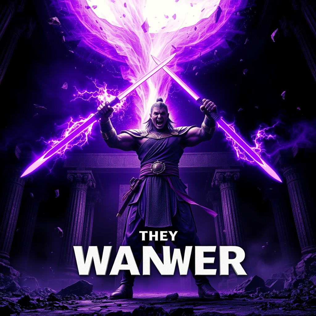 A powerful warrior stands tall, exuding confidence, with purple energy swirling around them like a tornado