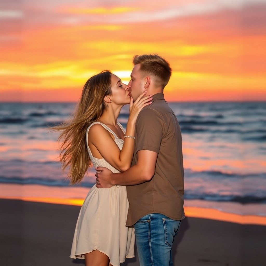 A romantic scene of a boy and girl sharing a tender kiss under a beautiful sunset