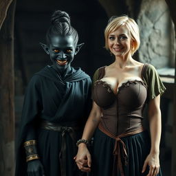 Inside a dark medieval room, a young evil woman, 30 years old, stands with a malevolent demeanor