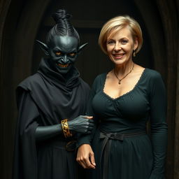 Inside a dark medieval room, a young evil woman, 30 years old, stands with a malevolent demeanor