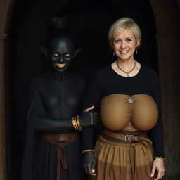 Inside a dark medieval room, a young evil woman, 30 years old, stands with a malevolent demeanor