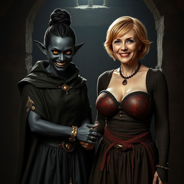 Inside a dark medieval room, a young evil woman, 30 years old, stands with a malevolent demeanor