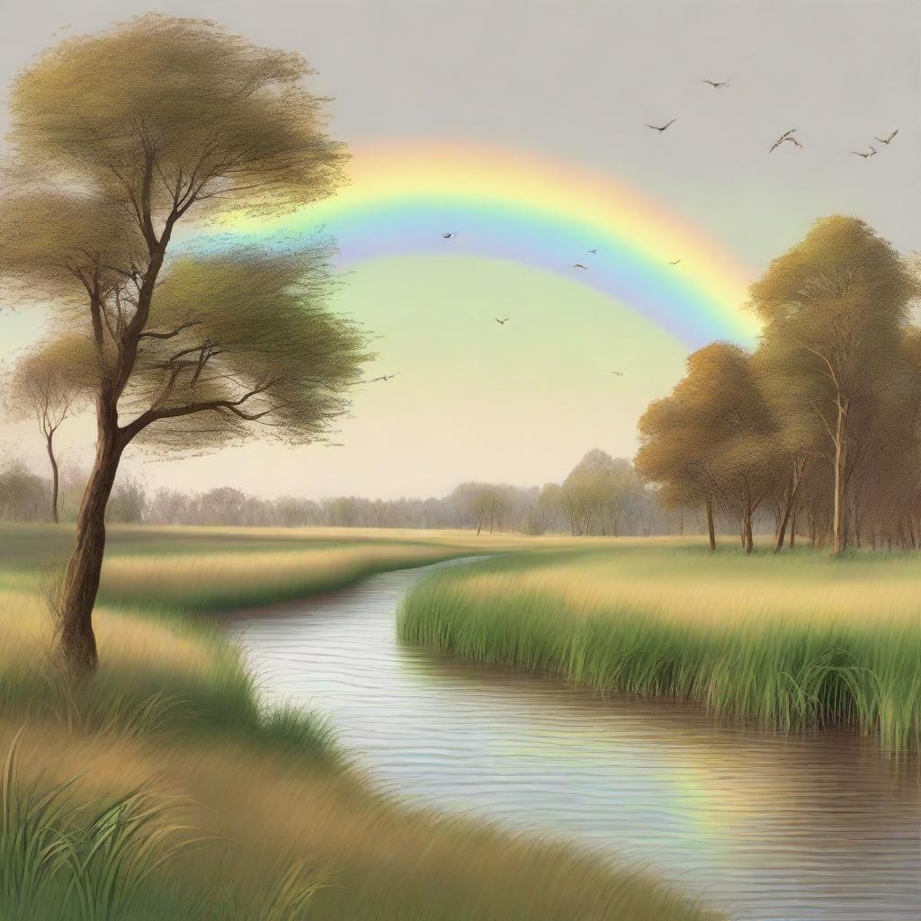 An ethereal afternoon landscape with tall, high green grass, a blue river with seven dramatic, lofty waves flowing from left to right, under a rainbow in a cloudless brown sky, surrounded by numerous flying trees with wings.