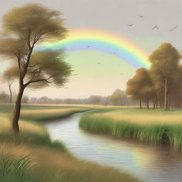 An ethereal afternoon landscape with tall, high green grass, a blue river with seven dramatic, lofty waves flowing from left to right, under a rainbow in a cloudless brown sky, surrounded by numerous flying trees with wings.