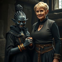 In a dimly lit medieval room, a sinister young woman, 30 years old and of low stature, is depicted