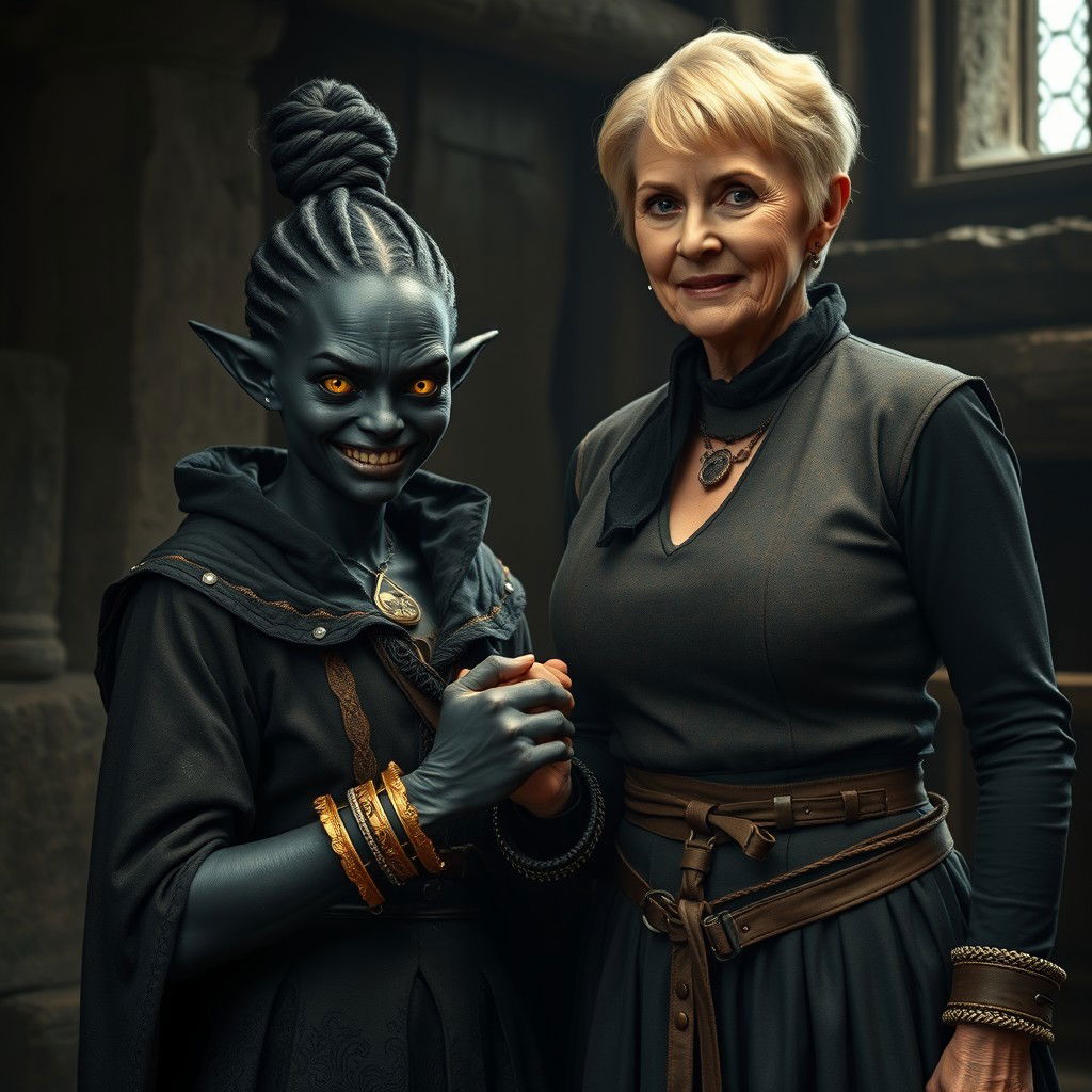 In a dimly lit medieval room, a sinister young woman, 30 years old and of low stature, is depicted