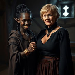 In a dimly lit medieval room, a sinister young woman, 30 years old and of low stature, is depicted