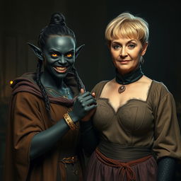 In a dimly lit medieval room, a sinister young woman, 30 years old and of low stature, is depicted