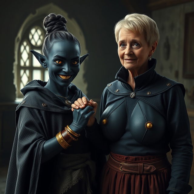 In a dimly lit medieval room, a sinister young woman, 30 years old and of low stature, is depicted