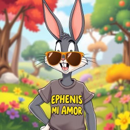 Bugs Bunny in the classic Looney Tunes animation style, wearing stylish gold sunglasses and a casual T-shirt featuring the text 'EPHENIS MI AMOR' in a playful font
