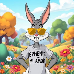 Bugs Bunny in the classic Looney Tunes animation style, wearing stylish gold sunglasses and a casual T-shirt featuring the text 'EPHENIS MI AMOR' in a playful font