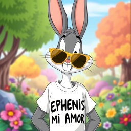 Bugs Bunny in the classic Looney Tunes animation style, wearing stylish gold sunglasses and a casual T-shirt featuring the text 'EPHENIS MI AMOR' in a playful font