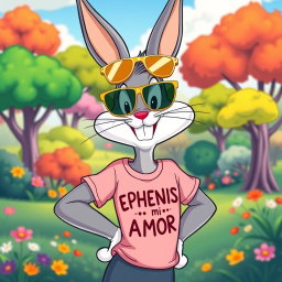 Bugs Bunny in the classic Looney Tunes animation style, wearing stylish gold sunglasses and a casual T-shirt featuring the text 'EPHENIS MI AMOR' in a playful font