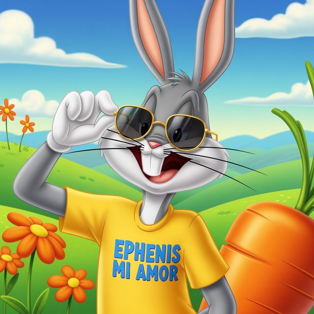 Bugs Bunny in the classic Looney Tunes animation style, wearing trendy gold shades and a playful T-shirt that says 'EPHENIS MI AMOR' in a fun, eye-catching font