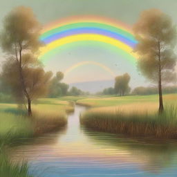 An ethereal afternoon landscape with tall, high green grass, a blue river with seven dramatic, lofty waves flowing from left to right, under a rainbow in a cloudless brown sky, surrounded by numerous flying trees with wings.