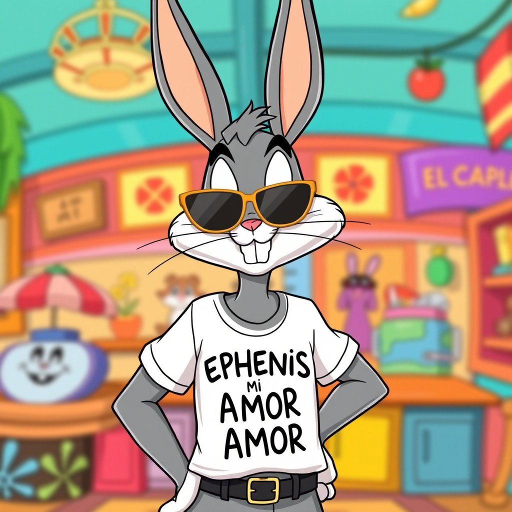 Bugs Bunny in the iconic Looney Tunes animation style, wearing stylish gold shades and a casual T-shirt emblazoned with the text 'EPHENIS MI AMOR' in a playful font