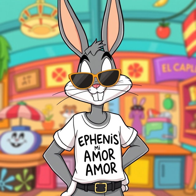 Bugs Bunny in the iconic Looney Tunes animation style, wearing stylish gold shades and a casual T-shirt emblazoned with the text 'EPHENIS MI AMOR' in a playful font