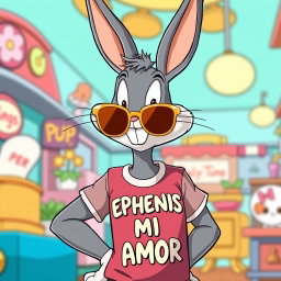 Bugs Bunny in the iconic Looney Tunes animation style, wearing stylish gold shades and a casual T-shirt emblazoned with the text 'EPHENIS MI AMOR' in a playful font