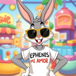 Bugs Bunny in the iconic Looney Tunes animation style, wearing stylish gold shades and a casual T-shirt emblazoned with the text 'EPHENIS MI AMOR' in a playful font