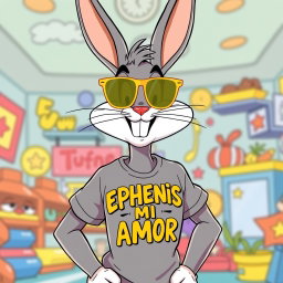 Bugs Bunny in the iconic Looney Tunes animation style, wearing stylish gold shades and a casual T-shirt emblazoned with the text 'EPHENIS MI AMOR' in a playful font
