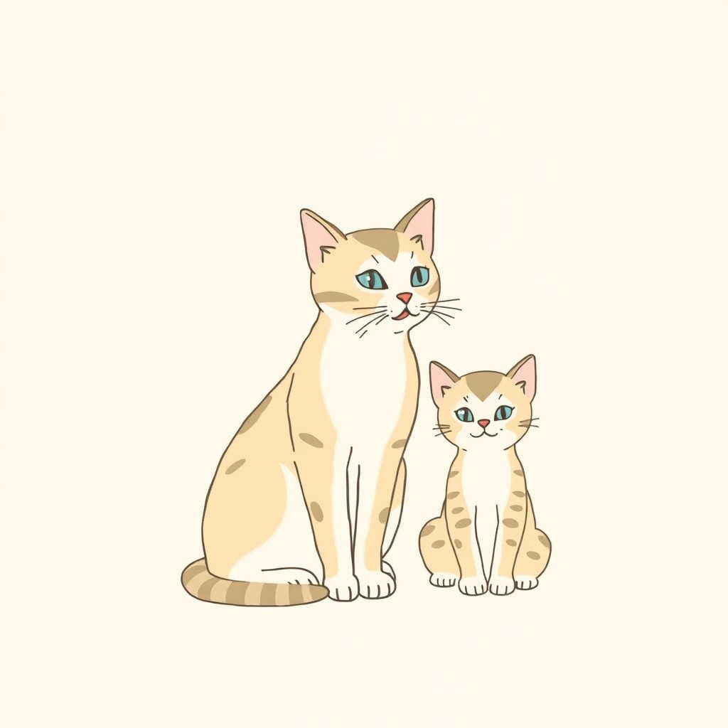 A minimalistic drawing featuring a Pallas's cat alongside a small kitten, both sitting next to each other