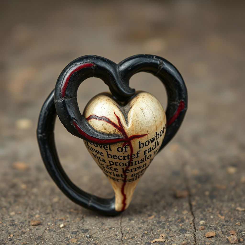 A relic carved from a single piece of black veined bone featuring crimson streaks, shaped in a spiral like a serpent devouring itself