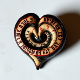 A relic carved from a single piece of black veined bone featuring crimson streaks, shaped in a spiral like a serpent devouring itself