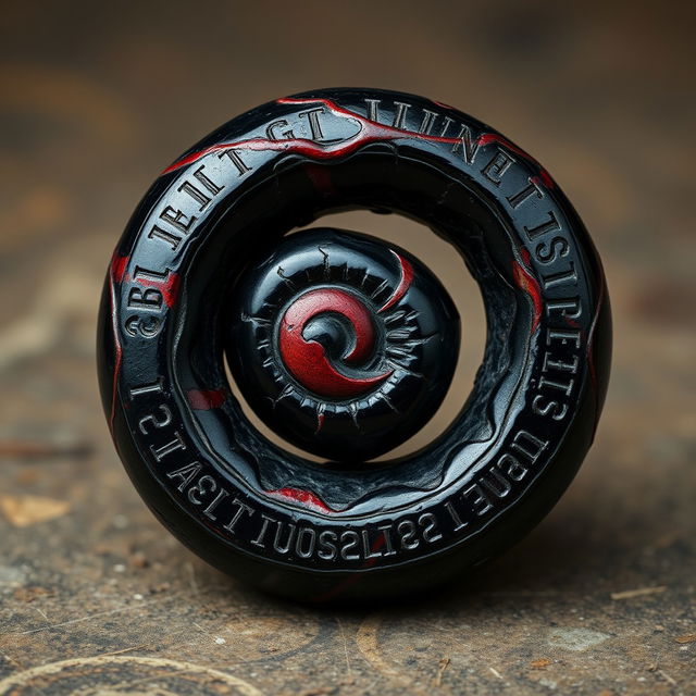 A relic carved from a single piece of black veined bone featuring crimson streaks, shaped in a spiral like a serpent devouring itself