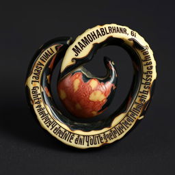 A relic carved from a single piece of black marbled bone with crimson veins, shaped like an ouroboros spiraling upon itself, depicting a serpent consuming its own tail