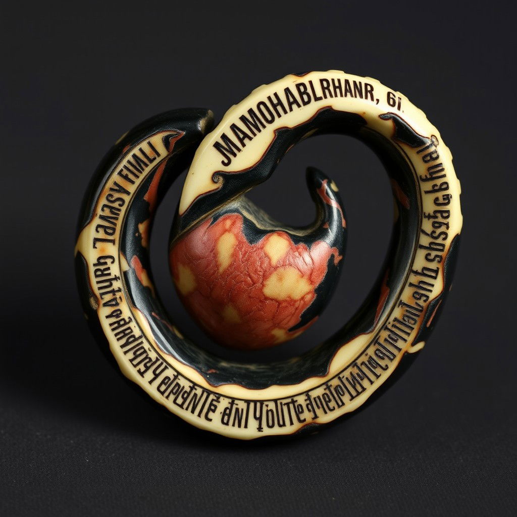 A relic carved from a single piece of black marbled bone with crimson veins, shaped like an ouroboros spiraling upon itself, depicting a serpent consuming its own tail