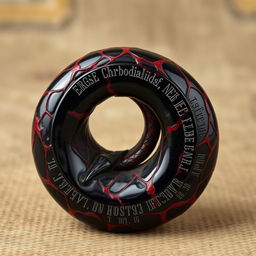 A relic carved from a single piece of black marbled bone with crimson veins, shaped like an ouroboros spiraling upon itself, depicting a serpent consuming its own tail