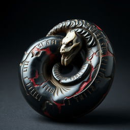 A relic carved from a single piece of black marbled bone with crimson veins, shaped like an ouroboros spiraling upon itself, depicting a serpent consuming its own tail