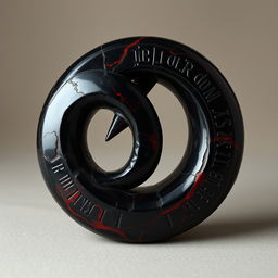 A relic carved from a single piece of black marbled bone with crimson veins, shaped like an ouroboros spiraling upon itself, depicting a serpent consuming its own tail