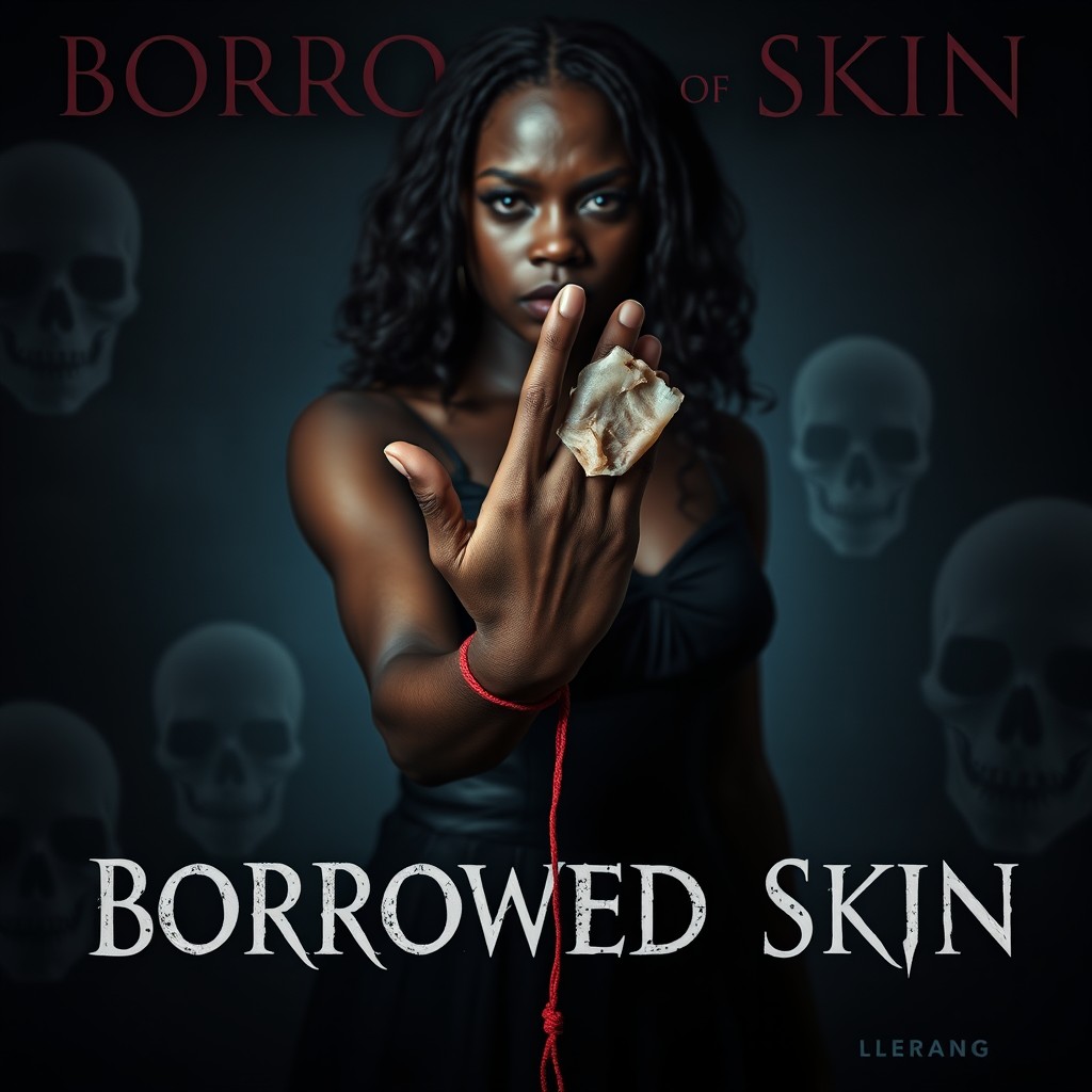 A striking poster for 'Borrowed Skin' featuring Lerang, a black woman with an intense expression, showcasing the theme of skin borrowing