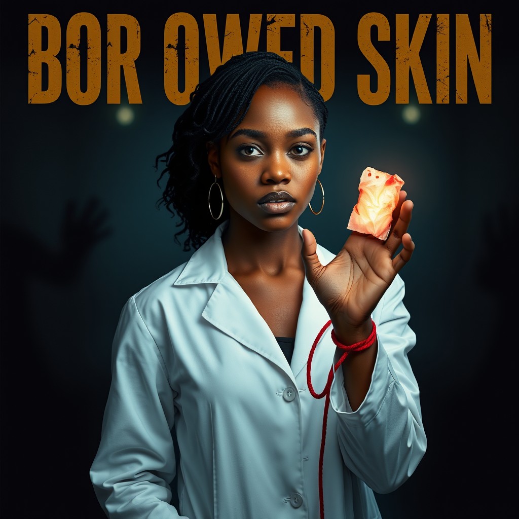 A captivating poster for 'Borrowed Skin' featuring Lerang, a black woman dressed in a white lab coat, embodying the role of a forensic pathologist