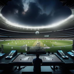 An image of a modern cricket match taking place in a grand stadium, showcasing advanced technology like LED stumps, virtual reality for umpires, and players in modern sports gear.