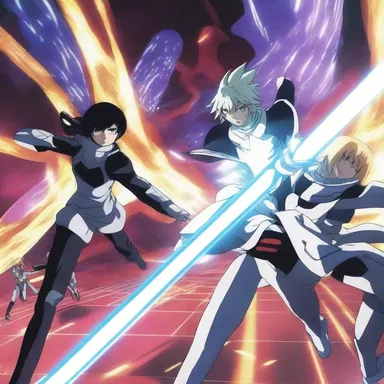 In the anime series, the characters engage in a battle on a futuristic quadric surface.