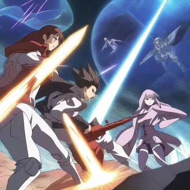 In the anime series, the characters engage in a battle on a futuristic quadric surface.