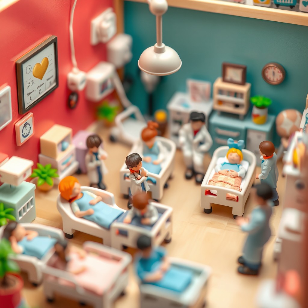 A whimsical miniature hospital scene filled with tiny people happily receiving treatment