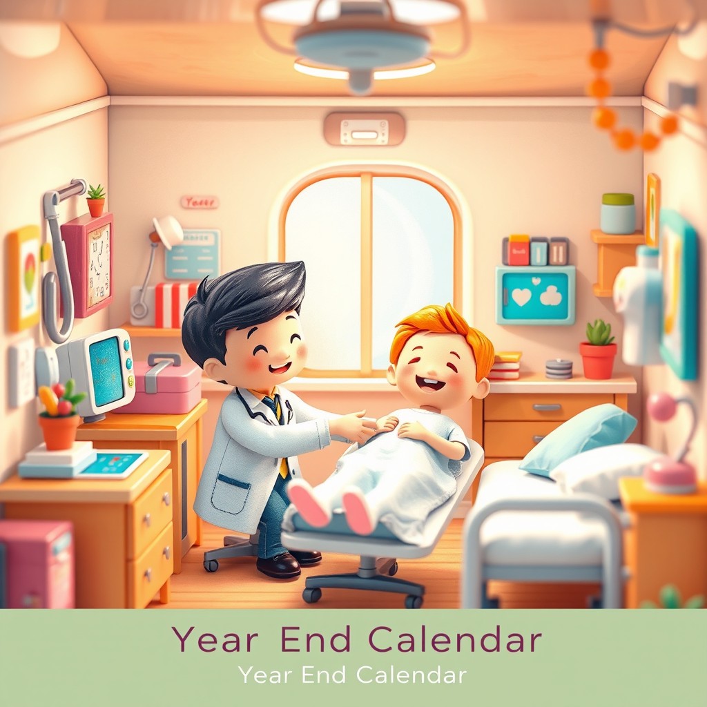 A charming illustration of a miniature hospital where a tiny person is happily receiving treatment
