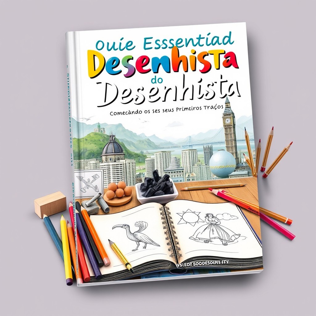 A beautifully designed book cover for 'O Guia Essencial do Desenhista: Começando os Seus Primeiros Traços'